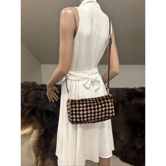 Checkerboard Real Shearling Leather Handmade Double Zip Boston Bag/Crossbody - Picture 7 of 14